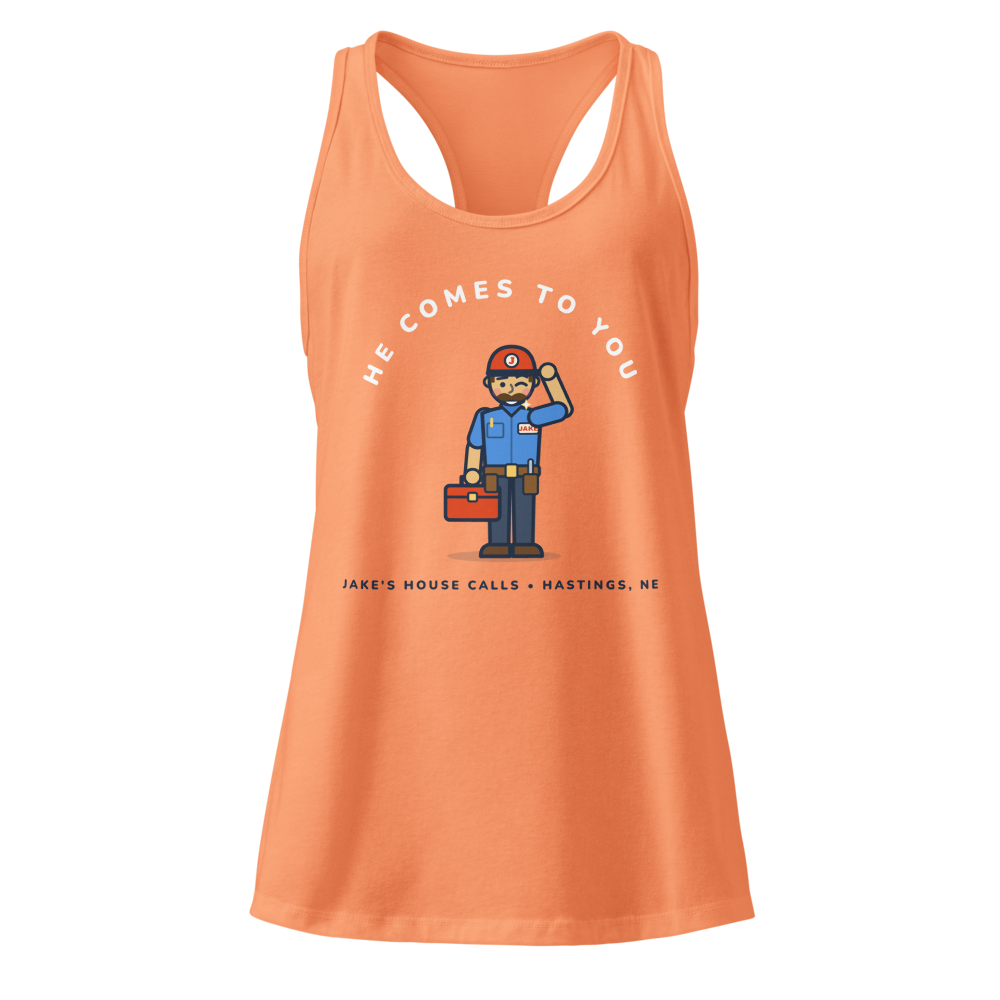 Orange tank with Jake tipping his cap under HE COMES TO YOU
