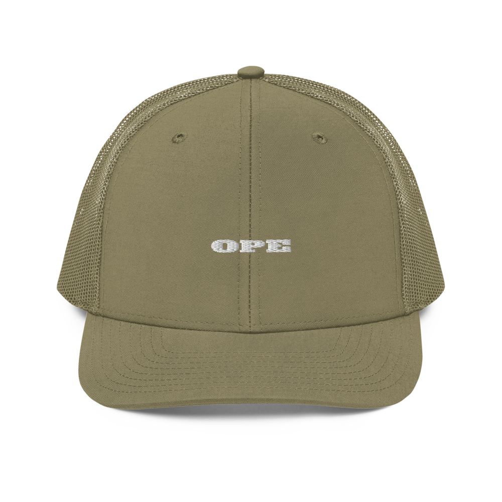 Forest green trucker reading OPE