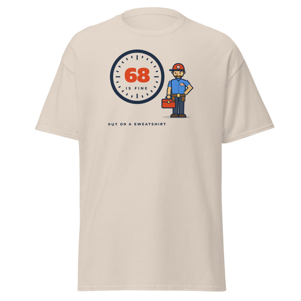 Cream tee with a thermostat dial set to 68 and Jake beside it with his hand on his hip
