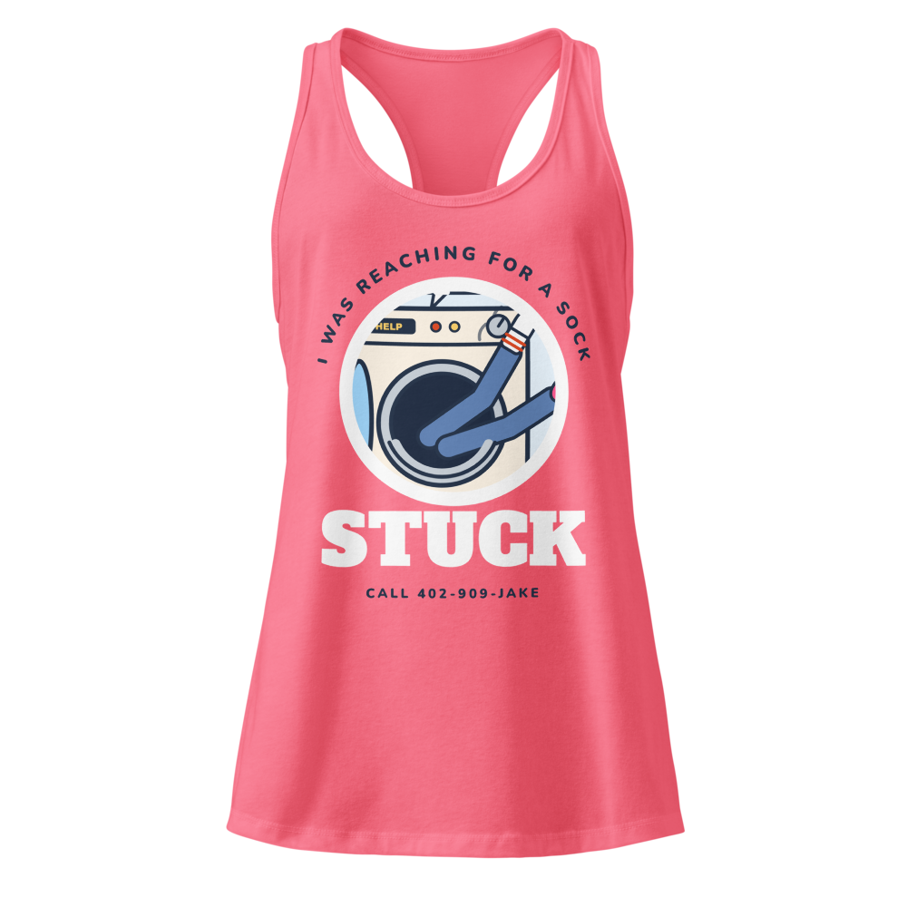 Pink racerback tank with a round patch of the dryer and two legs kicking out, STUCK underneath