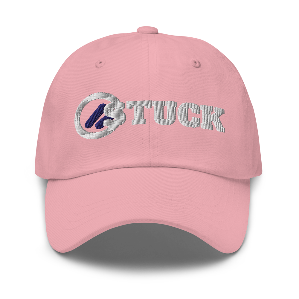 Pink dad hat with a tiny dryer-door ring with legs, and STUCK